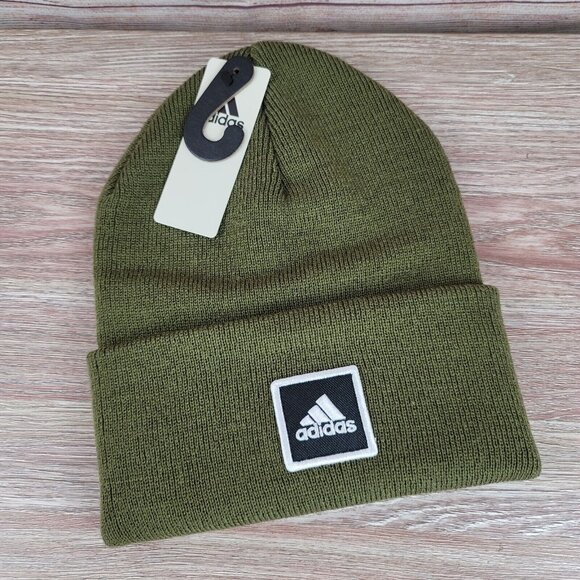 NEW Adidas Wide Cuff Fold‎ Beanie Men's One Size Knit Cuffed Hat Olive Green - Picture 1 of 4